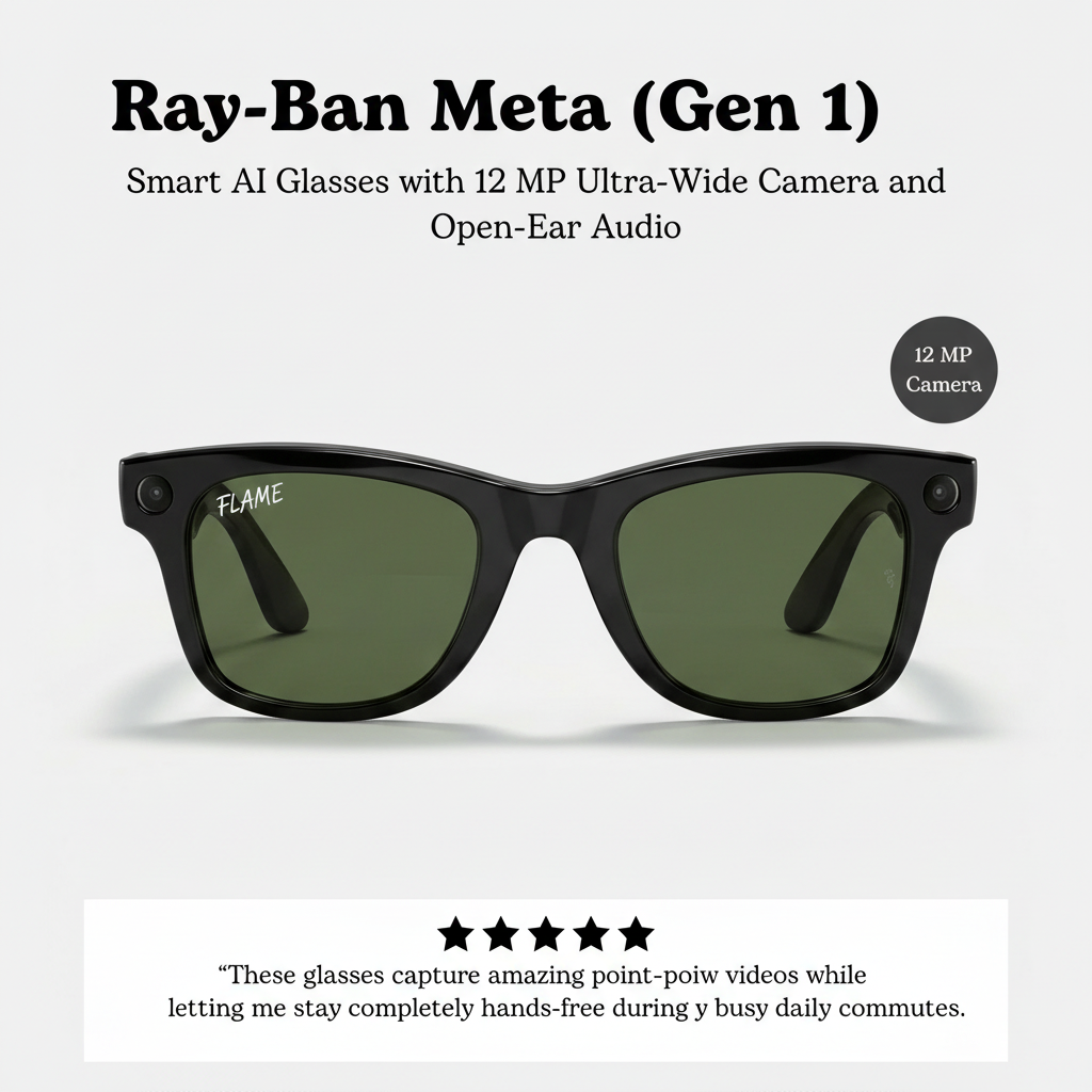 Ray-Ban Meta (Gen 1), Wayfarer, Shiny Black | Smart AI Glasses for Men, Women — 12 MP Ultra-Wide Camera, Open-Ear Speakers for Audio, Video Recording and Bluetooth — Green Lenses — Wearable Technology